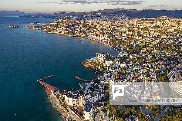 Turkey  Aydin Province  Kusadasi  Aerial view of coastal town in summer