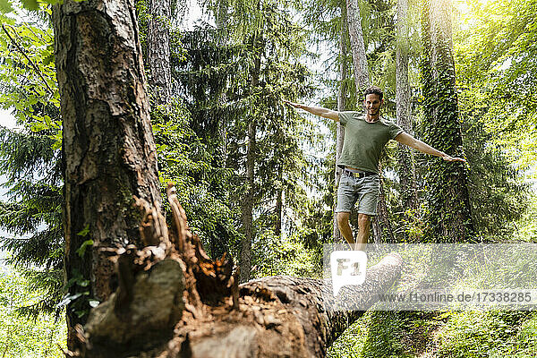 Verspielter Mann mit ausgestreckten Armen  der auf einem umgestürzten Baum läuft