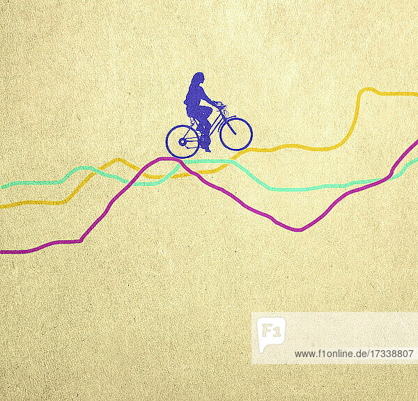 Frau fährt mit dem Fahrrad entlang einer Linie Diagramme