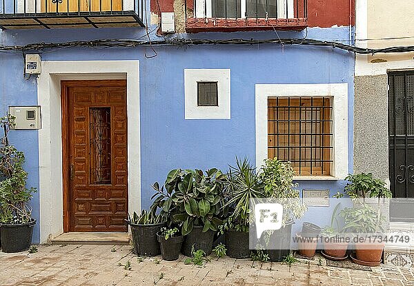 Nahaufnahme von Tür  Fenster und Blumentöpfen der blauen Fischerhäuser in Villajoyosa  Spanien  Europa