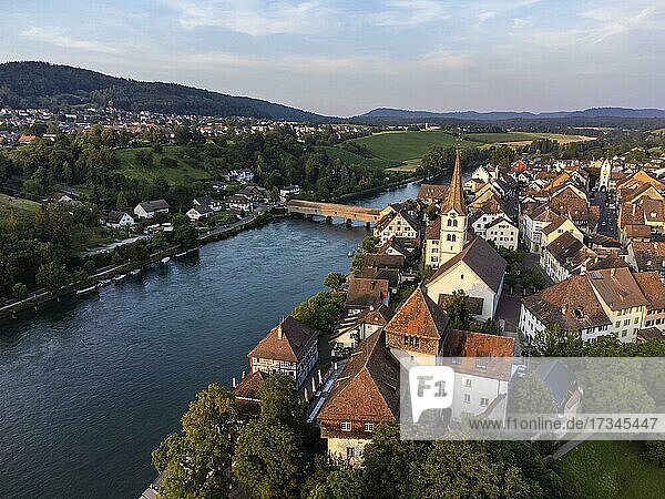 View over the old town of Diessenhofen to the Rhine with the historic wooden bridge,  Canton Thurgau,  Switzerland,  Europe