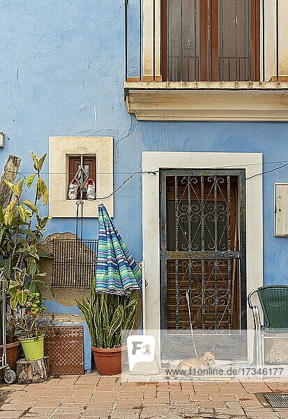 Nahaufnahme von Tür  Fenster und Blumentöpfen der blauen Fischerhäuser in Villajoyosa  Spanien  Europa