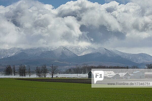 Bauernhof vor den schneebedeckten Bergen des Unesco-Weltkulturerbes Shiretoko-Nationalpark  Hokkaido  Japan  Asien