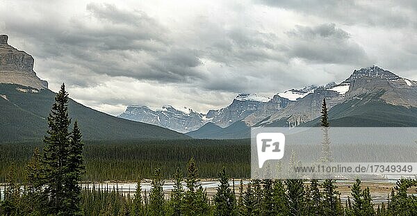 View of snow-capped mountain peaks  Icefields Parkway  Sunwapta Pass  Jasper National Park National Park  Canadian Rocky Mountains  Alberta  Canada  North America