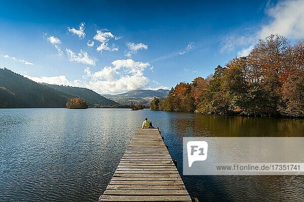 Lake Chambon in autumn  Puy de Dome department  Auvergne-Rhone-Alpes  France  Europe