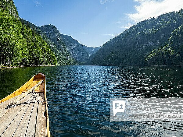 View of Lake Toplitz from a traditional barge  Salzkammergut  Styria  Austria  Europe