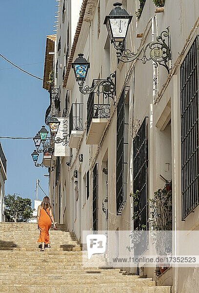 Narrow streets with white houses in Altea Old Town  Spain  Europe