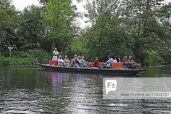 Tourists in typical barges along the Spree  Spreewald near Schlepzig  Brandenburg  Germany  Europe
