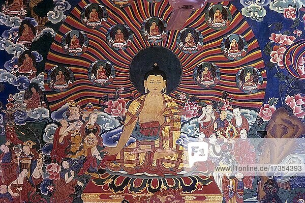 Buddhas mural painting in Tibetan Nyingma Monastery in Bodh Gaya  Bihar  India  Asia
