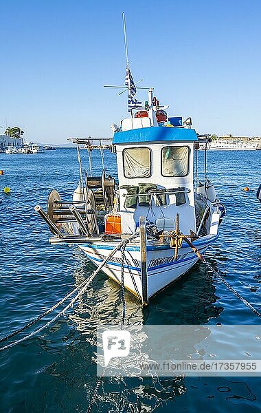 Blue and white fishing boat  Kos Harbour  Old Town Kos  Dodecanese  Greece  Europe