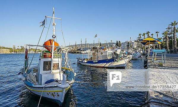 Blue and white fishing boats  Kos Harbour  Old Town Kos  Dodecanese  Greece  Europe