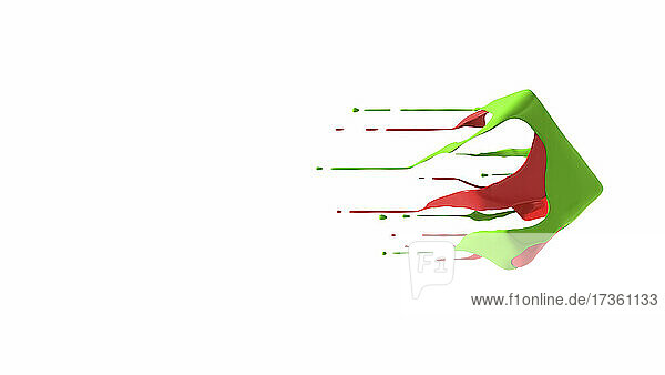 Rote und grüne Flüssigkeit Würfel fliegen vorbei weißen Hintergrund