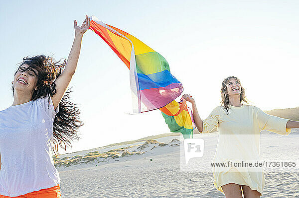Cheerful young women holding rainbow flag while waking at beach