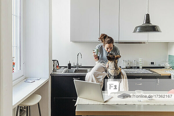 Weibliche Fachkraft spielt mit Hund  während sie in der Kaffeepause auf dem Küchentisch sitzt
