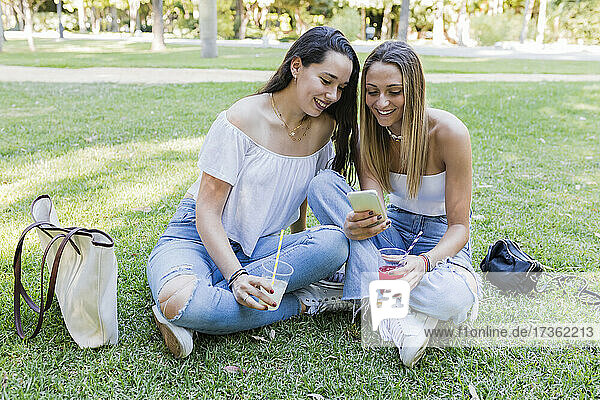 Freundinnen halten Getränke in der Hand und teilen sich ein Smartphone in einem öffentlichen Park