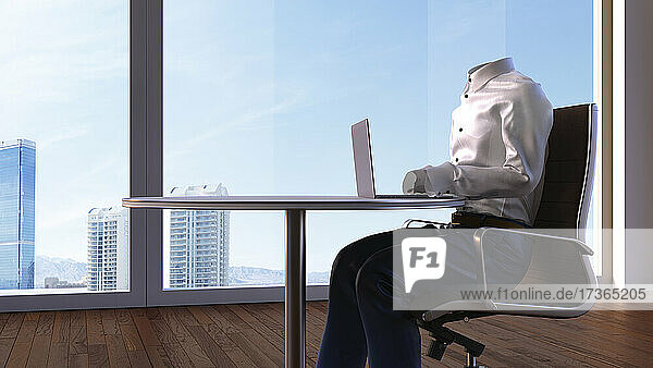 Dreidimensionales Rendering einer unsichtbaren Person  die im Büro an einem Laptop arbeitet