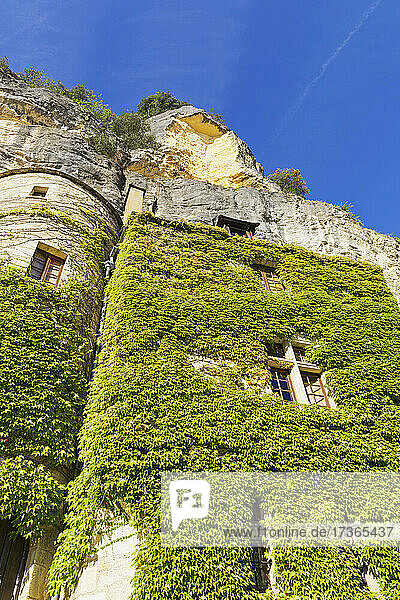 Frankreich  Dordogne  La Roque-Gageac  Efeuüberwachsenes Haus auf der Klippe