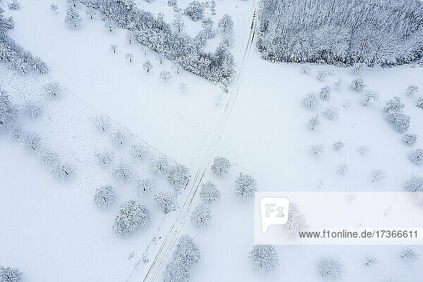 Drohnenansicht einer schneebedeckten Landschaft
