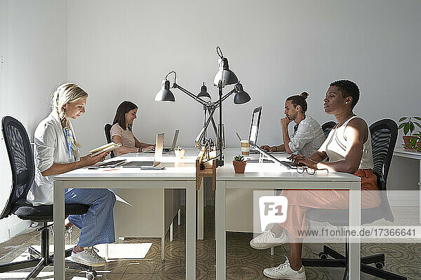 Männliche und weibliche Berufstätige arbeiten am Schreibtisch im Büro