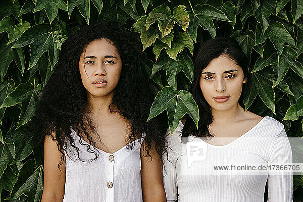 Multi-ethnic female friends near plants