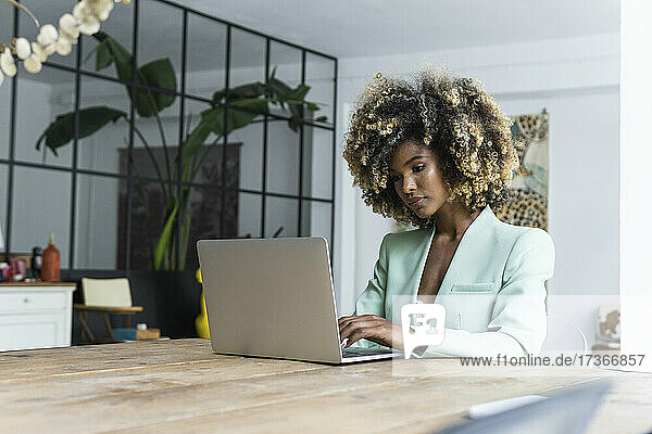 Female freelancer using laptop on table at home office