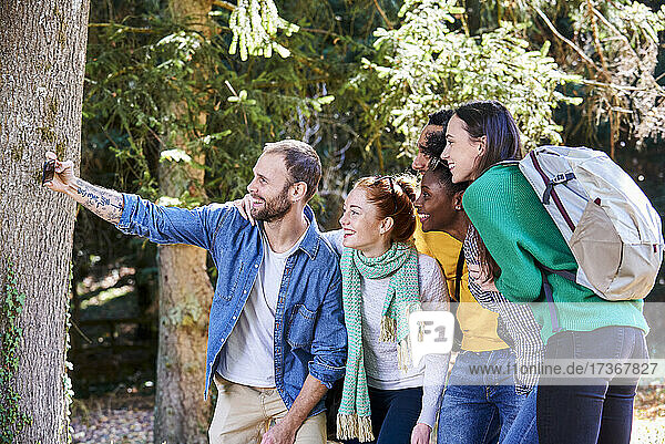 Glückliche Freunde machen ein Selfie mit ihrem Smartphone in einem öffentlichen Park