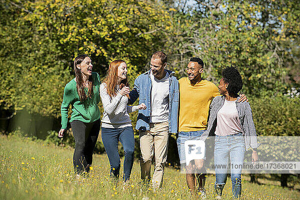 Glückliche junge Freunde spazieren durch eine Wiese in einem öffentlichen Park