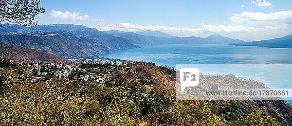 Lake Atitlán framed by volcanoes  Lake Atitlán  Guatemala  Central America