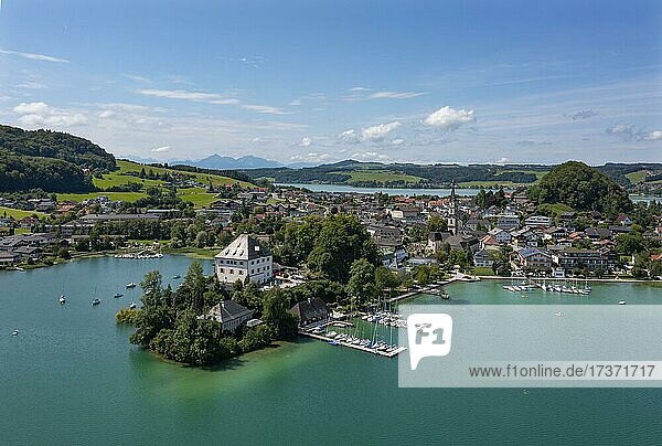 Drone shot  place and lake Mattsee  in the back the Obertrumer See  Flachgau  Salzburger Seenland  Land Salzburg  Austria  Europe