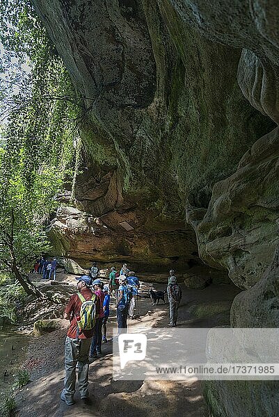 Tourists in the Gustav Adolf Cave in the Schwarzachklamm  Ochenbruck  Middle Franconia  Bavaria  Germany  Europe