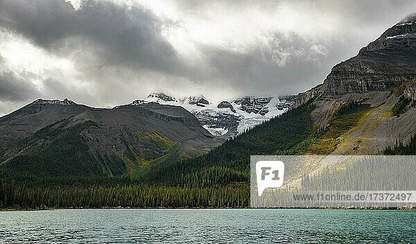 Wolkenverhangene schneebedeckte Gipfel  Mount Charlton und Mount Unwin  herbstlicher Wald  Maligne Lake  Alberta  Kanada  Nordamerika