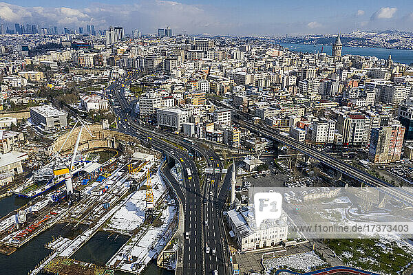 Turkey  Istanbul  Aerial view of traffic on highways and city