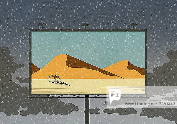 Kamel und Wüste Szene auf Plakatwand gegen regnerischen Himmel