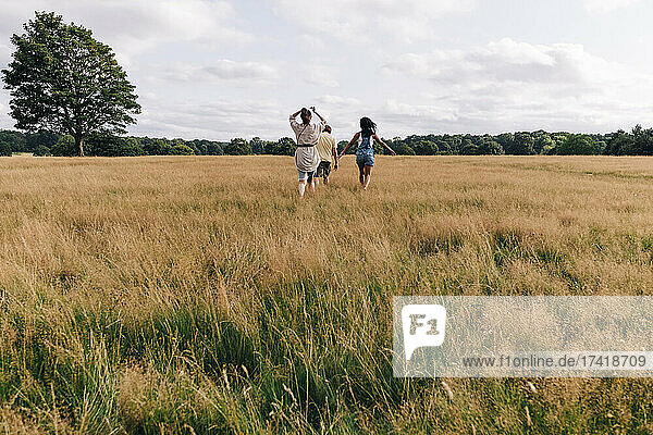 Male and female friend walking on meadow at park