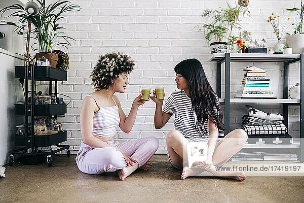 Young women toasting smoothie while sitting on floor