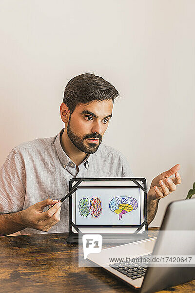 Male doctor explaining over human brain during online therapy at office