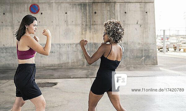 Mid adult women punching while practicing boxing together