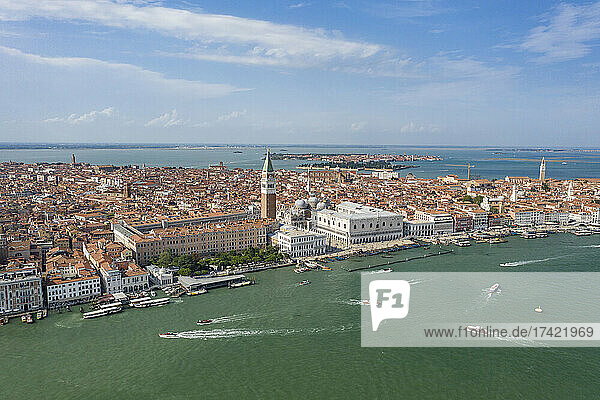 Italy  Veneto  Venice  Aerial view of Riva degli Schiavoni waterfront with Doges Palace in background
