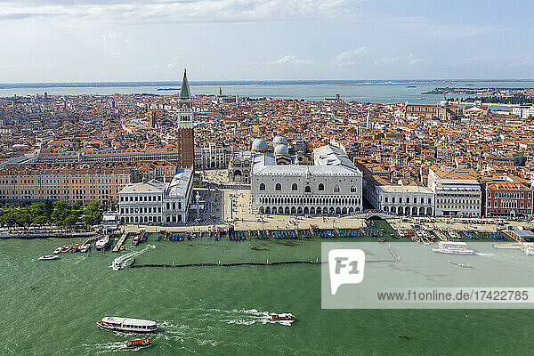 Italy  Veneto  Venice  Aerial view of Riva degli Schiavoni waterfront with Doges Palace in background