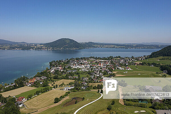 Austria  Upper Austria  Weyregg am Attersee  Drone view of small town on shore of Lake Atter
