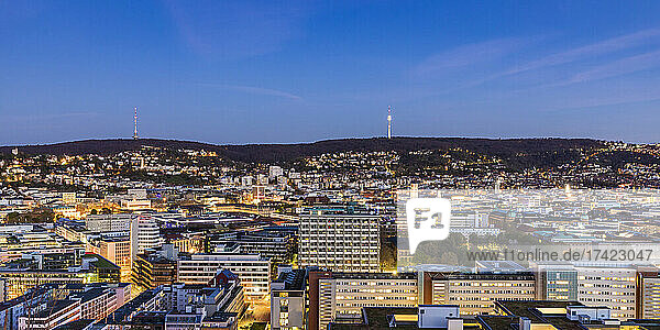 Germany  Baden-Wurttemberg  Stuttgart  Panorama of city downtown at dusk