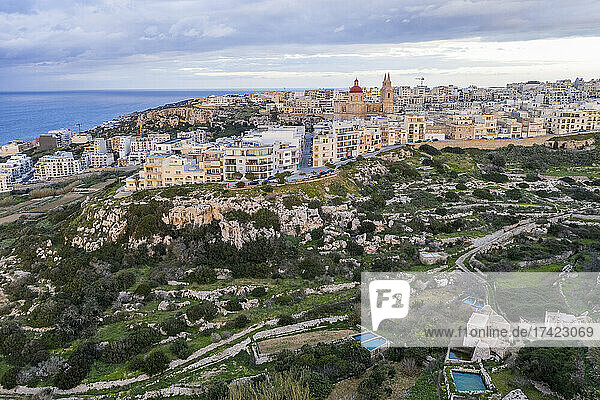 Malta  Northern Region  Mellieha  Aerial view of coastal town