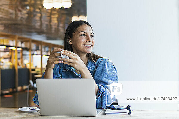 Smiling female freelancer with laptop having coffee at cafe
