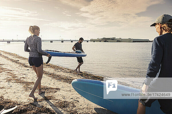 Male and female friends carrying paddleboard at beach