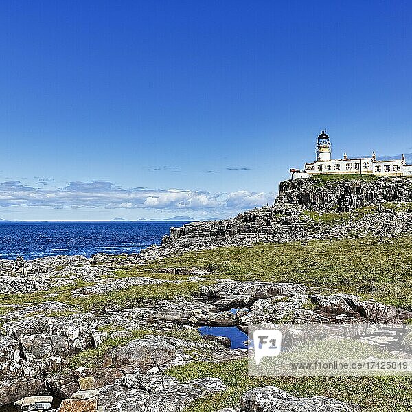 Lighthouse on rocky coast  Neist Point peninsula  Dunvegan  west coast  Isle of Sky  Inner Hebrides  Scotland  United Kingdom  Europe