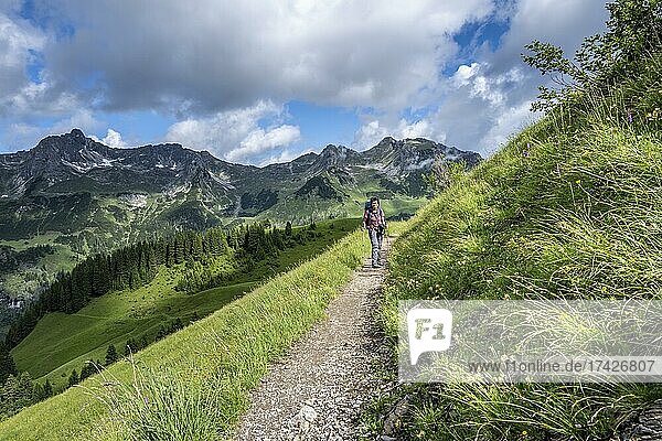 Wanderin auf einem Wanderweg  hinten Berge  Heilbronner Weg  Allgäuer Alpen  Oberstdorf  Bayern  Deutschland  Europa