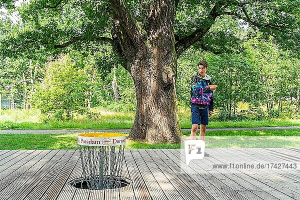 Junge wirft eine Scheibe beim Discgolf  auch Disc Golf  Volkspark Potsdam  Potsdam  Brandenburg  Deutschland  Europa