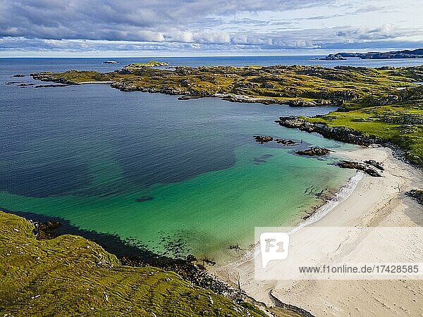 Aerial of white sand and turquoise water at Bosta Beach  Isle of Lewis  Outer Hebrides  Scotland  UK