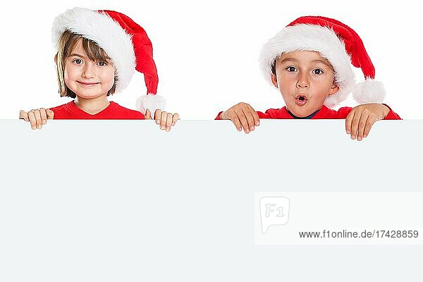 Kinder Mädchen Junge Weihnachtsmann Nikolaus Weihnachten Schild Textfreiraum Copyspace Freisteller isoliert  Deutschland  Europa