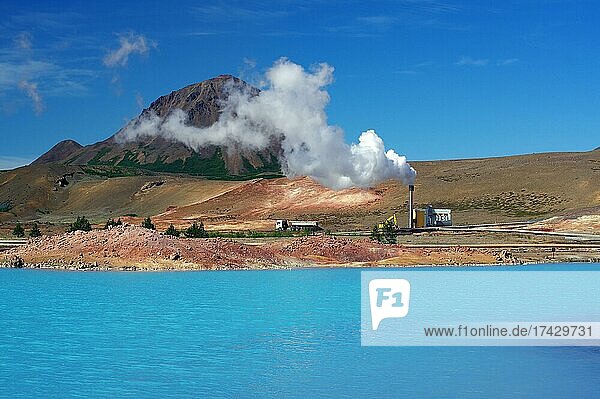 Geothermal lake and volcano  steam vapour  moon-like landscape  Myvatn  Iceland  Europe